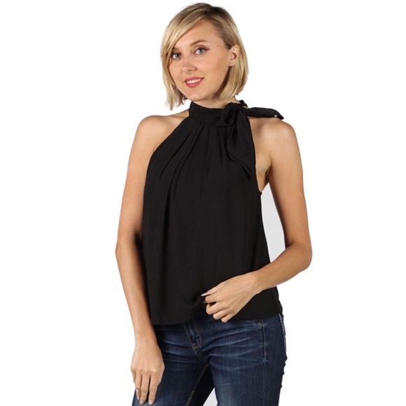 Tops - Pussy Bow Mock Halter Sleeveless Chiffon Blouse